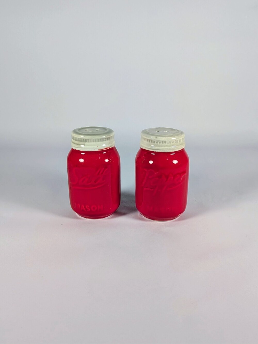 World Market Mason Salt and Pepper Shakers - Red Ceramic Set